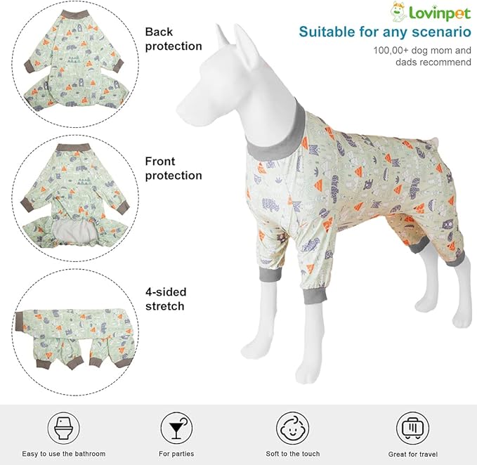 LovinPet Large Dog Clothes for Labrador - Anxiety Calming Dog Pajamas, Lightweight Stretchy Fabric, Sage Animal Print, Pet Pajamas for Dogs,4 Legged Style Pullover Dog Onesies, Silver Grey, L