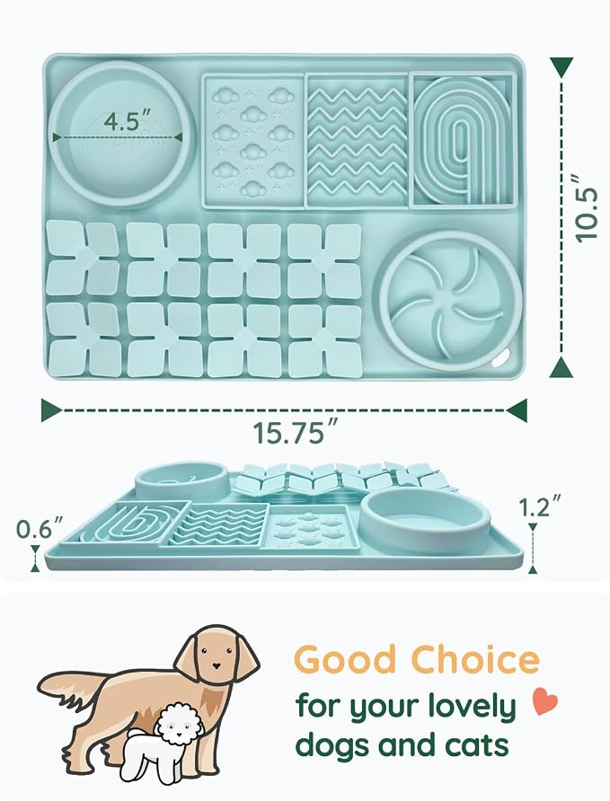 Slow Feeder Bowl for Dogs and Cats, Silicone Lick Mat & Snuffle Mat with Suction Cups - Interactive Puzzle Feeder, Slow Eating, Keep Busy and Reduce Vomiting (15.75" x 10.5" Mint Green)