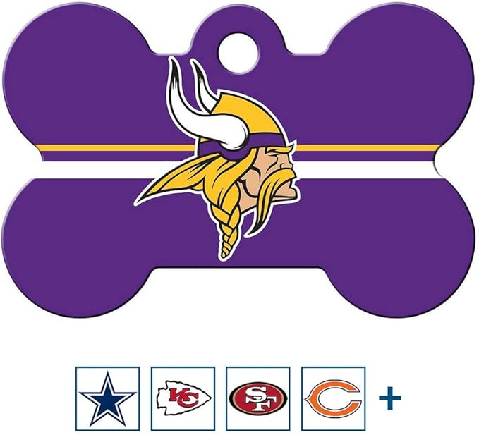 GoTags Personalized Minnesota Vikings Dog Tag, Brass Metal Bone Shape Pet ID Tag Engraved with Name and Custom Text, Every NFL Football Team Pet Apparel (Large)