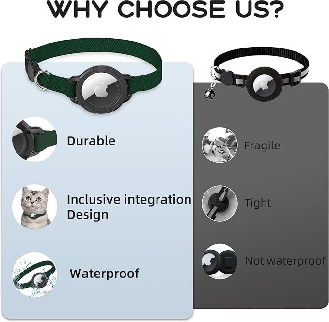 AirTag Cat Collars, Stretchy Collar with Apple AirTag Holder and Bell, Breakaway Ultra Design Elastic GPS Tracking Collars for Cats and Puppies, (7.5-12.5 Inch), Forest Green