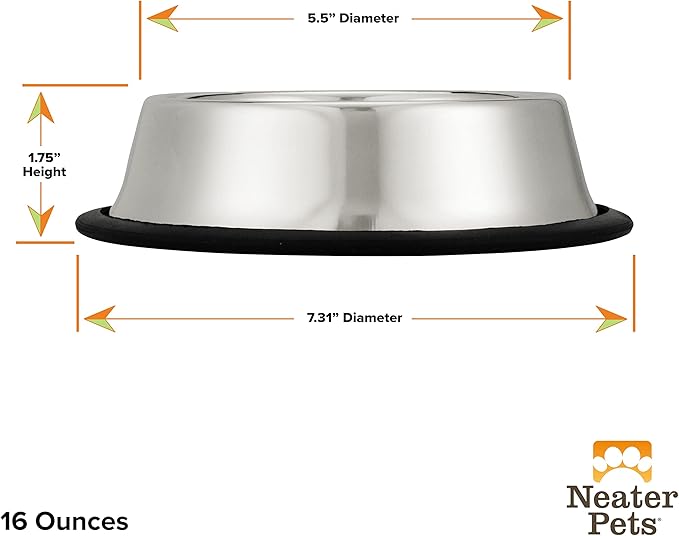 Neater Pet Brands - Stainless Steel No-Skid & Non-Tip Pet Bowl for Cat or Dog Food or Water (16 oz, Stainless Steel)