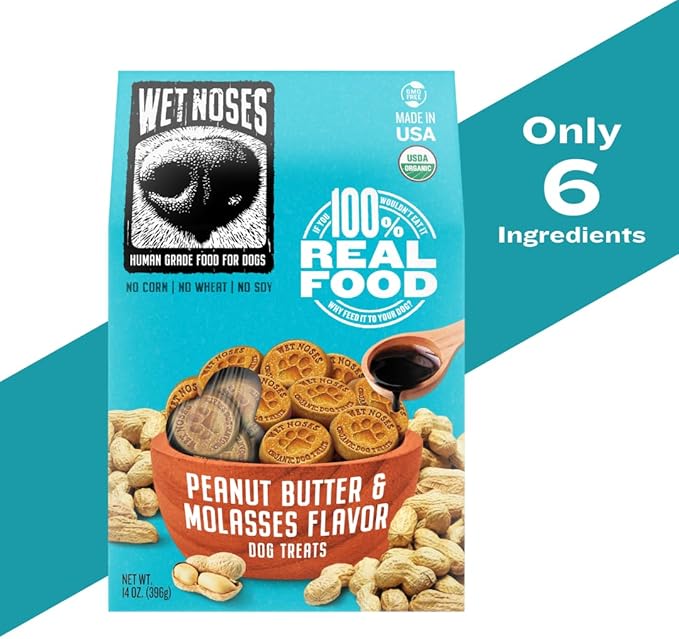 Wet Noses Organic Crunchy Dog Treats – All-Natural, Human-Grade, Non-GMO, Healthy Training & Delicious Snacks for Dogs, for All Dog Sizes & Breeds – Peanut Butter & Molasses, 14oz (2 Pack)
