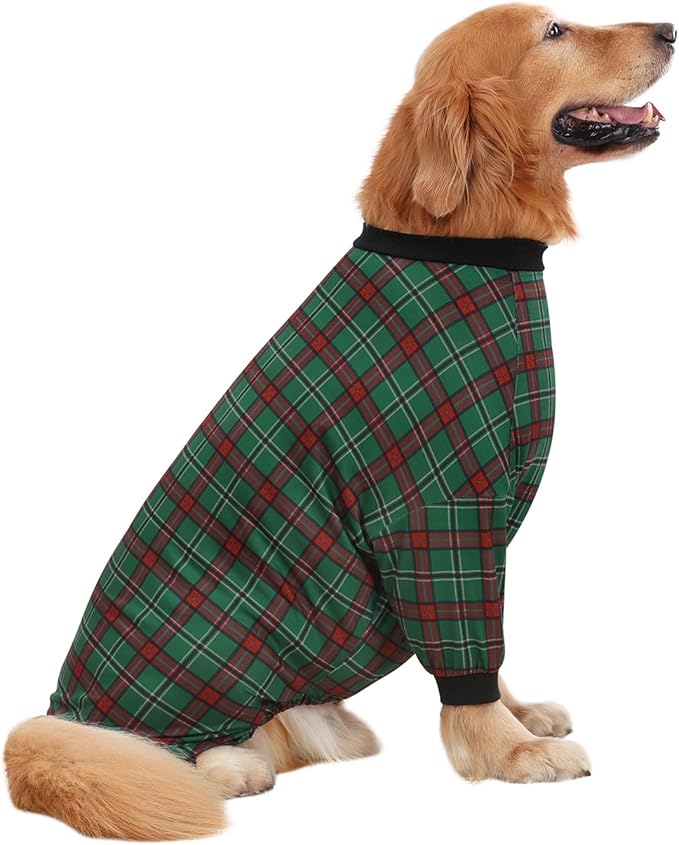 HDE Dog Pajamas One Piece Jammies Jumpsuit Pet Clothes Outfit Stretchy Lightweight Comfy Shirt Pjs for M-3XL Dogs Holiday Plaid - XL