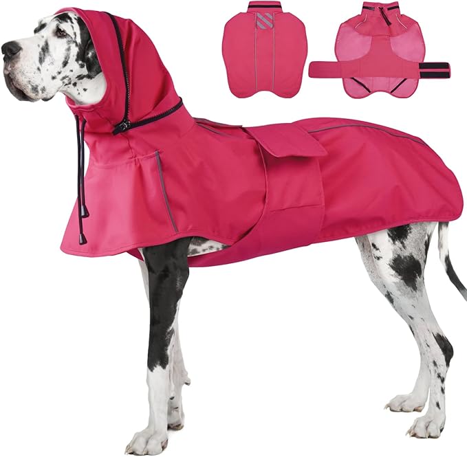 Waterproof Windproof Dog Raincoat with Full Body Coverage, Reflective Adjustable Hooded Jacket, Easy on Lightweight Dog Rain Coat for Large Dogs Poncho Breathable (Neon Pink, XXXXL)
