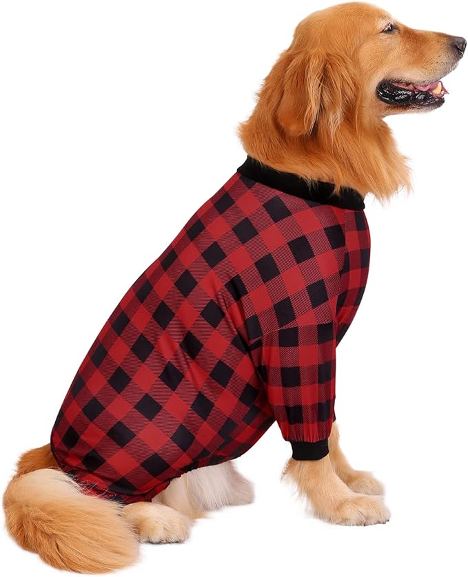 HDE Dog Pajamas One Piece Jammies Jumpsuit Pet Clothes Outfit Stretchy Lightweight Comfy Shirt Pjs for M-3XL Dogs Buffalo Plaid - XL