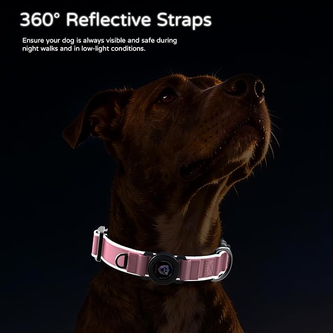 Leather AirTag Dog Collar, Magnetic Buckle, Reflective, Pink L