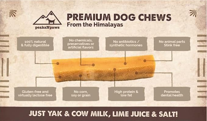 peaksNpaws Himalayan Dog Chews, High Protein Yak Cheese, Lactose Free, Natural Dog Treat, Long Lasting Chew Stick for Aggressive Chewers Under 35 lbs, 3 Medium Sticks, 100% Eco-Friendly Packaging