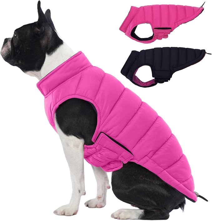 Lelepet Reversible Dog Coat Waterproof Dog Jacket Windproof Puffer Vest for Winter Warm Lightweight Coats for Small Dogs Adjustbale Hook & Loop Pet Apparel with Leash Hole, Pug, Rose Red, M