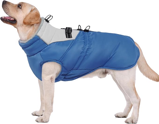 ROZKITCH Dog Jacket for Cold Weather, Dog Coat for Autumn Winter with Turtleneck, Pet Clothes with Adjustable Buckles, Soft Warm Pet Clothing with Reflective Strip for Medium Large Dogs Blue 4XL