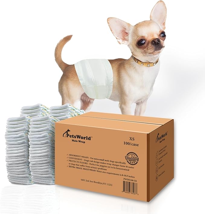 PetsWorld Dog Diapers Male - Disposable - Super Absorbent, Fur-Friendly Belly Bands w/Wetness Indicator -Adjustable Dog Wraps for Incontinence & Training (X-Small, 200 Count)