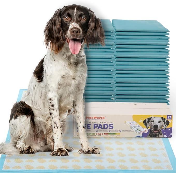 PETSWORLD Giant Dog Potty Pads, Odor-Eliminating, 36" x 36", Ultra Absorbent 5-Layer Leak-Proof Training Pads for Dogs & Cats (36x36 Health Indicating, 50 Count)