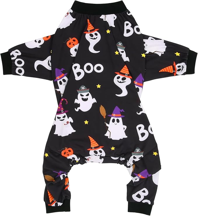 HDE Dog Pajamas One Piece Jammies Jumpsuit Pet Clothes Outfit Stretchy Lightweight Comfy Shirt Pjs for M-3XL Dogs Cute Ghosts - 2XL