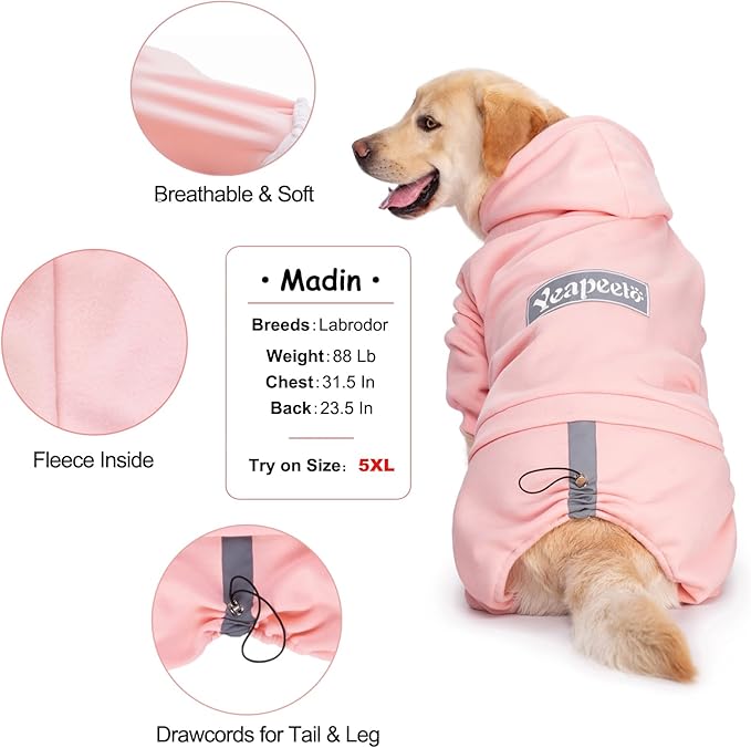 Dog Hoodies Winter Coat for Large Medium Dogs, Pullover 9 Legs Warm Coat Hooded Sweatshirt, Fleece Hoodie for Cold Weather (Pink, 2X-Large)