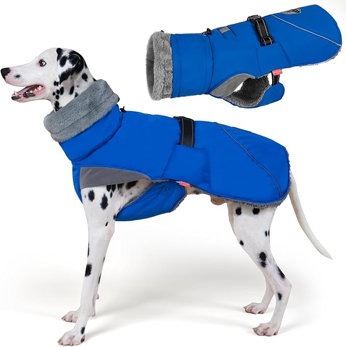 KYEESE Waterproof Dog Coat, Windproof Warm Winter Jacket with Thick Fleece Lined, Cozy Turtleneck Dog Coats for Large Dogs with Leash Hole, Reflective Outdoor Cold Weather Coat, Blue, XXX-Large