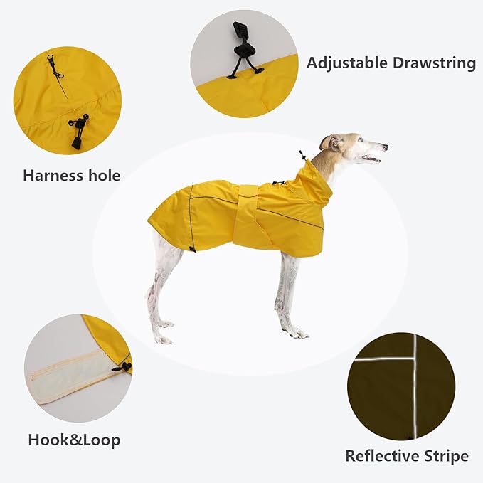 Greyhound Lurcher Raincoat, Whippet Rain Gear with Reflective Bar, Rain/Waterproof, Adjustable Bands and Drawstring in Autumn and Winter - Yellow - S