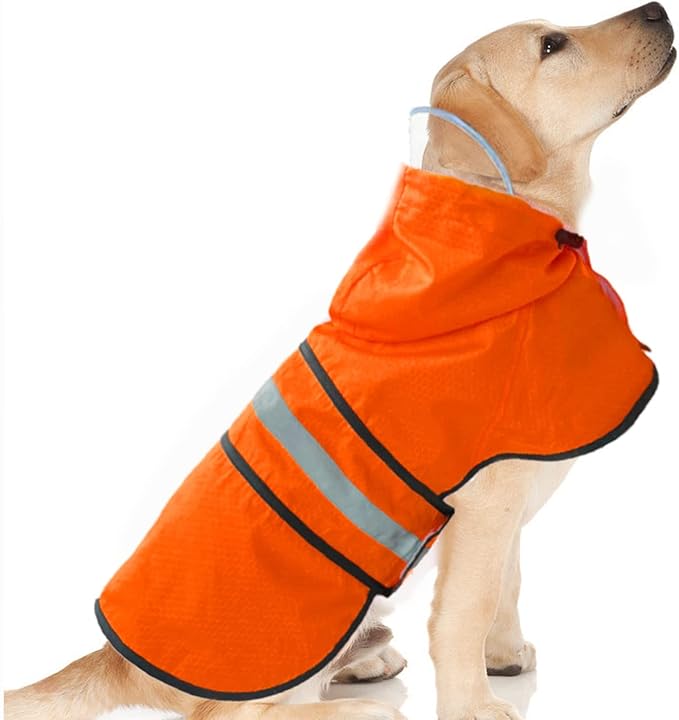 Dog Raincoat Waterproof Reflective Slicker - Lightweight Breathable Hooded Poncho Rain Coat Jacket with Adjustable Belly Strap and Leash Hole for Small Medium Large Dogs (Medium, Orange)