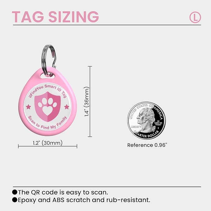 QR Code Dog Tags Personalized for Pets, Real-time Alerts, Pink