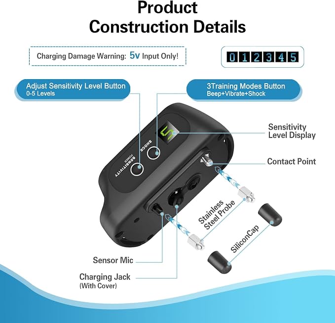 Rechargeable Dog Bark Collar with Beep Vibration and Shock,Anti Barking Collar for Small Medium Large Dogs, Humane Dog Training Device with 5 Adjustable Sensitivity Levels