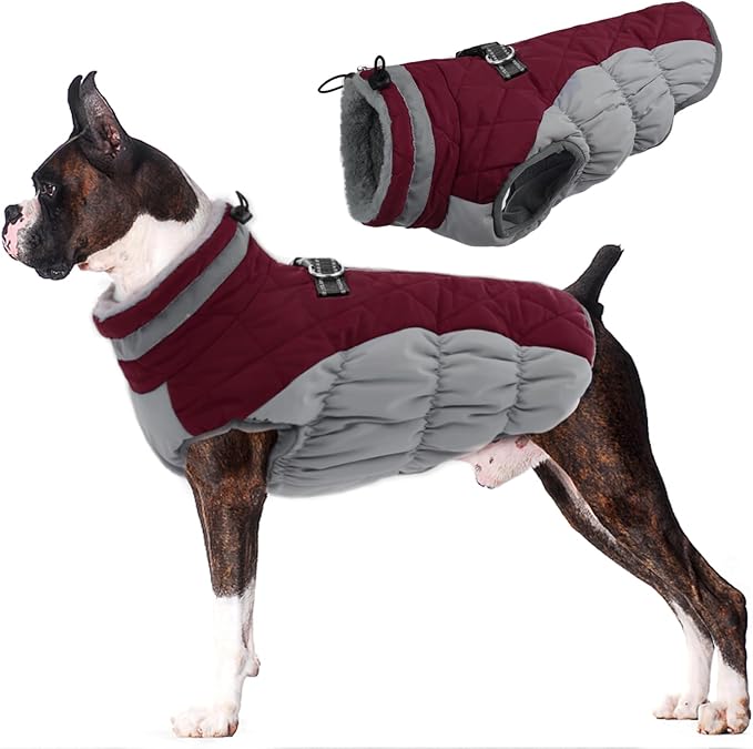 Lelepet Dog Coat Warm Dog Winter Coat Waterproof Dogs Jacket with Harness Built in Reflective Pet Fleece Vest Zip-Up Cold Weather Coats for Large Dogs Turtleneck & Windproof Boston Terrier Wine Red L