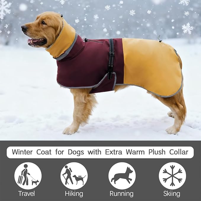 Waterproof Dog Winter Coat, Reflective Turtleneck Fleece Jacket with Snow Protection for Large Dogs, Cold Weather Pet Clothing (Yellow, 4XL)