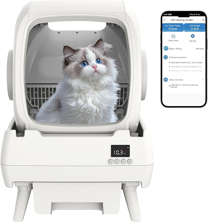 FRCFRC Automatic Cat Litter Box Self Cleaning - App Control, Cat Toilet Records, Suitable for Medium Cats and Kittens, Anti-Pinch Safety, Low Noise Operation【Assembly Required】- White