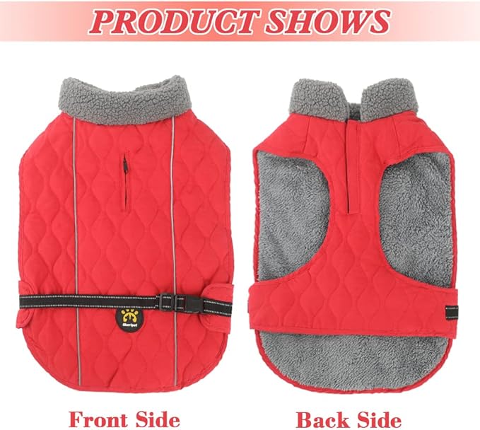 Dog Jackets, Furry Collar Winter Coats for Dogs with Fleece Lining, Water Resistant Reflective Winter Dog Jackets, Adjustable Warm Windproof Pet Coats for Large Dogs, Red L