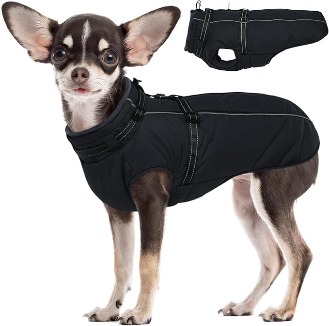 Lelepet Waterproof Dog Jacket with Harness Built in Warm Dog Winter Coat, Reflective Jacket Fleece Jacket, Dogs Coats for Small Dogs, Cozy Thermal Pet Snowsuit for Cold Weather, Shih Tzu, Black, S