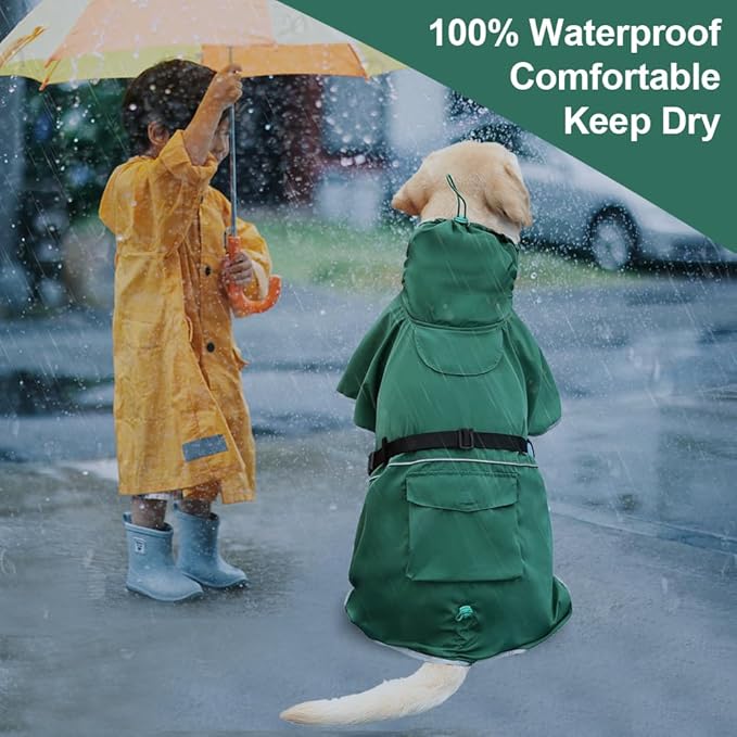 Waterproof Dog Raincoat Adjustable Dog Hooded Slicker Poncho Raincoat for Medium Large Dogs, Reflective Dog Rain Jacket(Green, 5XL)