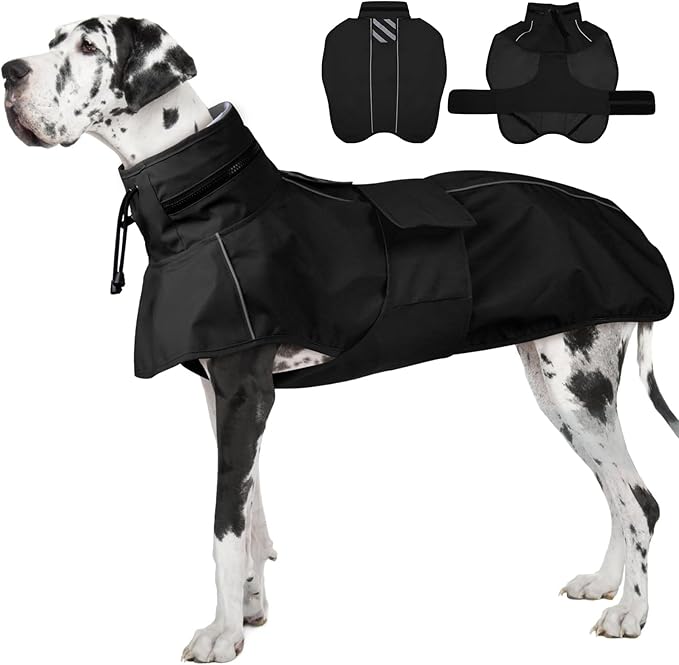 Dog Raincoat, Waterproof Rain Jacket for Large Dogs Poncho with Leash Hole Convertible Hood/Collar Reflective Rain Coat, Lightweight Breathable Stay Secure Walking (Black, XXXL)