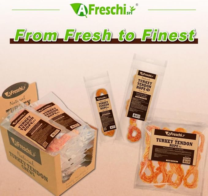 AFreschi Turkey Tendons for Dogs, USA-Sourced, Healthy Dog Treats, Rawhide-Free Puppy Chews, Long Lasting, All Natural, Hypoallergenic Dog Treats for Large Breeds, 10 oz Pack Rope (L)