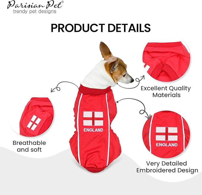 Parisian Pet Dog Jersey - Embroidered “ England “ Breathable Mesh Fabric - Football, and Olympic Sportswear Pet Clothes - Lightweight for Large Dogs - 4XL
