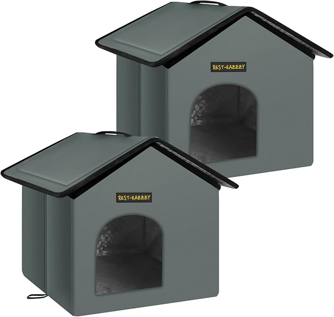 Rest-Eazzzy Cat House for Outdoor Cats, Weatherproof and Insulated Feral Cat House with Mat and Clip, Easy to Put Together, Selfwarming Cat Shelter for Winter, Never Blow Away (Grey, House X 2)