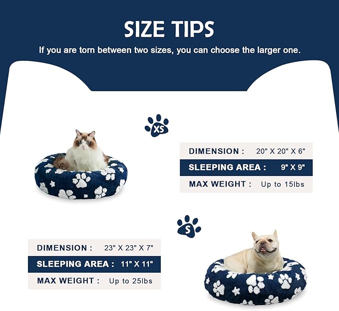 Yaning Donut Dog Beds for Small Dogs, Calming Round Cat Beds for Indoor Cats, Cute 3D Textured Paw Pet Bed with Removable Washable Cover and Anti-Slip Bottom（Navy Blue，20"）