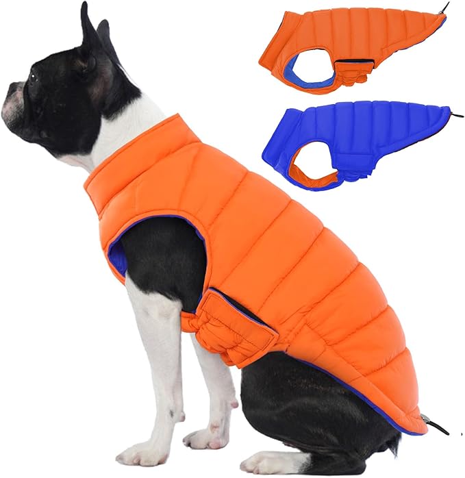 Lelepet Reversible Dog Coat Waterproof Dog Jacket Windproof Puffer Vest for Winter Warm Lightweight Coats for Small Dogs Adjustbale Hook & Loop Pet Apparel with Leash Hole, Shih Tzu, Orange, S