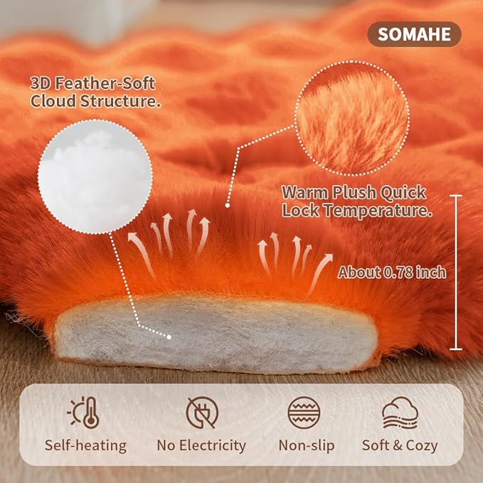 SOMAHE Self-Warming Cat Bed, Plush Faux Fur Pet Bed Mat with Anti-Slip Bottom, Ultra Soft Heated Bed for Cats & Medium Dogs, Cozy Fluffy Pad for Couch & Crate, Machine Washable, 27x20 Inch Orange