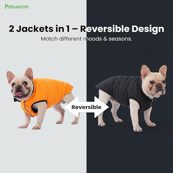PetWarm Reversible Dog Cold Weather Coats, Waterproof Dog Puffer Vest, Vest for Dogs with Hook-and-Loop Strap, Windproof Outdoor Coat for Winter Walks and Snowy Days, Orange, L