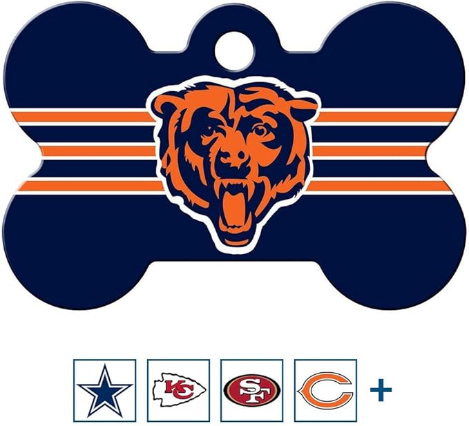 GoTags Personalized Chicago Bears Dog Tag, Brass Metal Bone Shape Pet ID Tag Engraved with Name and Custom Text, Every NFL Football Team Pet Apparel (Large)