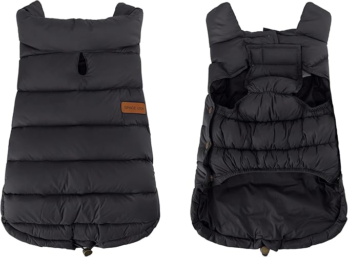 SPACE LION Dog Puffer Jacket, Down Winter Coat, Durable Outdoor Coat for Cold and Windy Conditions, Lightweight & Adjustable Fit Coats for Medium Dogs, (Black, Size14/L)