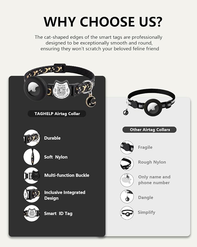 3 Pack Smart QR Code Cat Collars with Built-in AirTag Holder, Breakaway Adjustable Kitten Collars with Moon Pendant, Safety Pet ID Collars for Cats, 7.0–12.5”, Black Blue Pink