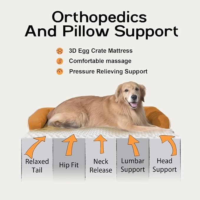Large Dog Bed Orthopedic Washable, Orthopedic Dog Beds for Large Dogs with Washable Cover, Removable Bolster and Non-Slip Bottom Orange Gaint Pet Beds, XXXLarge Extra Large Dogs