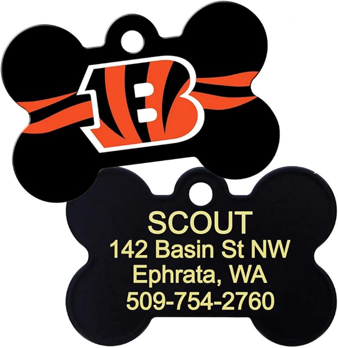 GoTags Personalized Cincinnati Bengals Dog Tag, Brass Metal Bone Shape Pet ID Tag Engraved with Name and Custom Text, Every NFL Football Team Pet Apparel (Large)