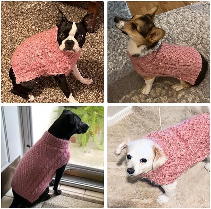 Turtleneck Small Dog Sweaters - Classic Cable Knitwear Winter Coat for Small Medium Dogs Male Female Puppy Dog Cold Weather Clothes Girls Boys, Light Pink, S/M