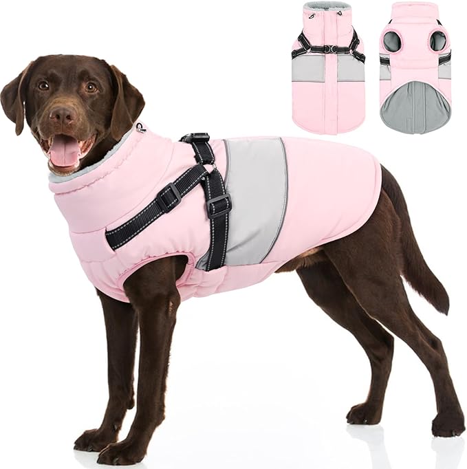 SUNFURA Dog Coat, XXL Dog Jacket Winter with Harness Built in, Waterproof Pet Snow Jacket with Furry Collar for Chilly Day, Reflective Fleece Snowsuit for Extra Large Dogs, Pink 2XL