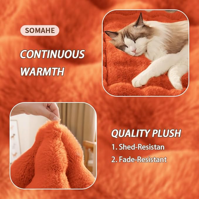 SOMAHE Self-Warming Cat Bed, Plush Faux Fur Pet Bed Mat with Anti-Slip Bottom, Ultra Soft Heated Bed for Cats & Medium Dogs, Cozy Fluffy Pad for Couch & Crate, Machine Washable, 27x20 Inch Orange