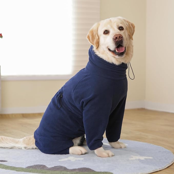 Dog Winter Coat for Large Medium Small Dogs, Warm Fleece High Collar Full Body Dog Jumpsuit Comfortable Onesie Apparel (Dark Blue, X-Large)