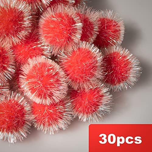 VAPKER 30 Pcs Cat Ball Toys Sparkle Balls Extra Large 2 Inch Cat's Favorite Chase Glitter Ball Glitter Tinsel Pom Poms Balls Red Color