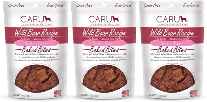 Caru - Soft n’ Tasty Baked Bites - Wild Boar Bites Dog Treats - Flavorful Training Treats - 3.75 oz Bags - Pack of 3