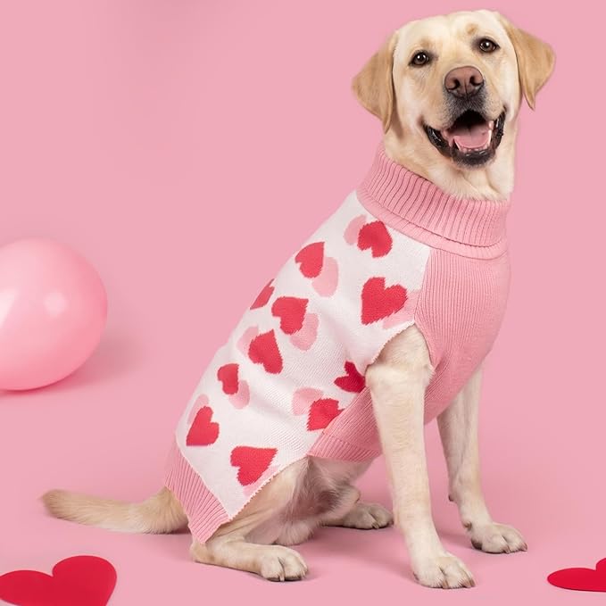 KYEESE Valentines Dog Sweater, Warm Large Dog Sweater with Heart Print, Turtleneck Pet Sweaters for Large Dogs, Soft Pet Sweaters Medium Size Dogs, Stretchy Pets Clothes Coat with Leash Hole, 2XL