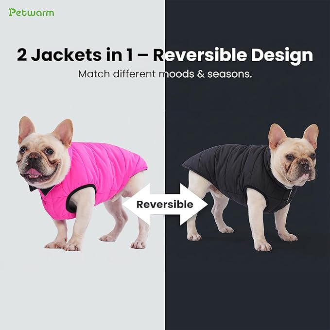 PetWarm Reversible Dog Winter Coat, Windproof Dog Puffer Vest, Soft Vest for Dogs with Hook-and-Loop Strap for Easy Dressing, Waterproof Coat for Dogs with Adjustable Fit, Pink, XS