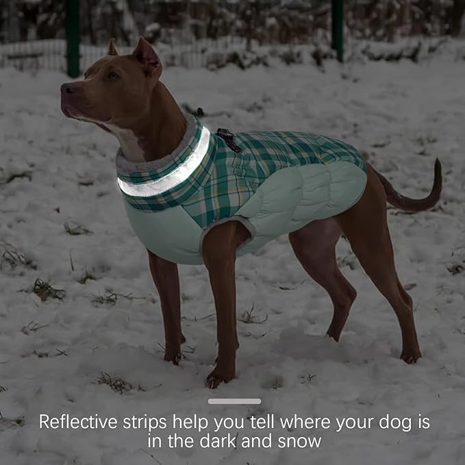 FUAMEY Dog Coat for Small Dogs,Waterproof Dog Winter Jacket with Harness Built in Puppy Cold Weather Coats Reflective Pet Vest with Zipper Warm Fleece Dogs Snowsuit Windproof Green Plaid S